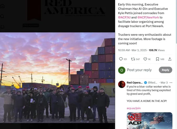 ACP Members posing as labor organizers in front of Port Newark. Executive board members Kyle Pettis and Ali Hammoud are in attendance. Almost all of those pictured here are ACP members with few truckers in sight.