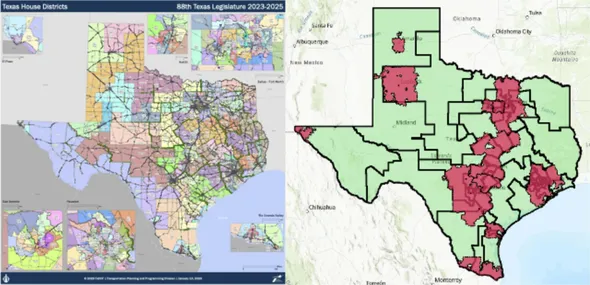Maps of the 88th Texas Legislature. Left: formal 2023-2025 districts. Right: ArcGIS-rendered map comparing the state-produced GIS State House Districts with the latest available GIS borders of Texan DSA Chapters. GIS renderings may not be wholly accurate. Future work should create more accurate renderings of national DSA chapters and state house districts they cover.