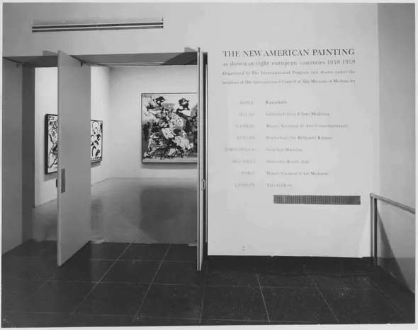 Fig. 2. Installation view of the exhibition "The New American Painting as shown in 8 European Countries 1958-1959," photo by Soichi Sunami.  An example of US abstract mobilized in service of Cold War cultural diplomacy by the International Council at The Museum of Modern Art.