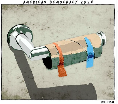 Toilet paper with two scraps of paper, one red and blue. The cartoon is titled American Democracy 2024 and is by Mr. Fish / Dwayne Booth