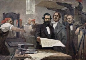 Oil painting of Marx and Engels looking at a newspaper in front of workers with red bandanas working a printing press (presumably the headquarters of Rheinische Zeitung)