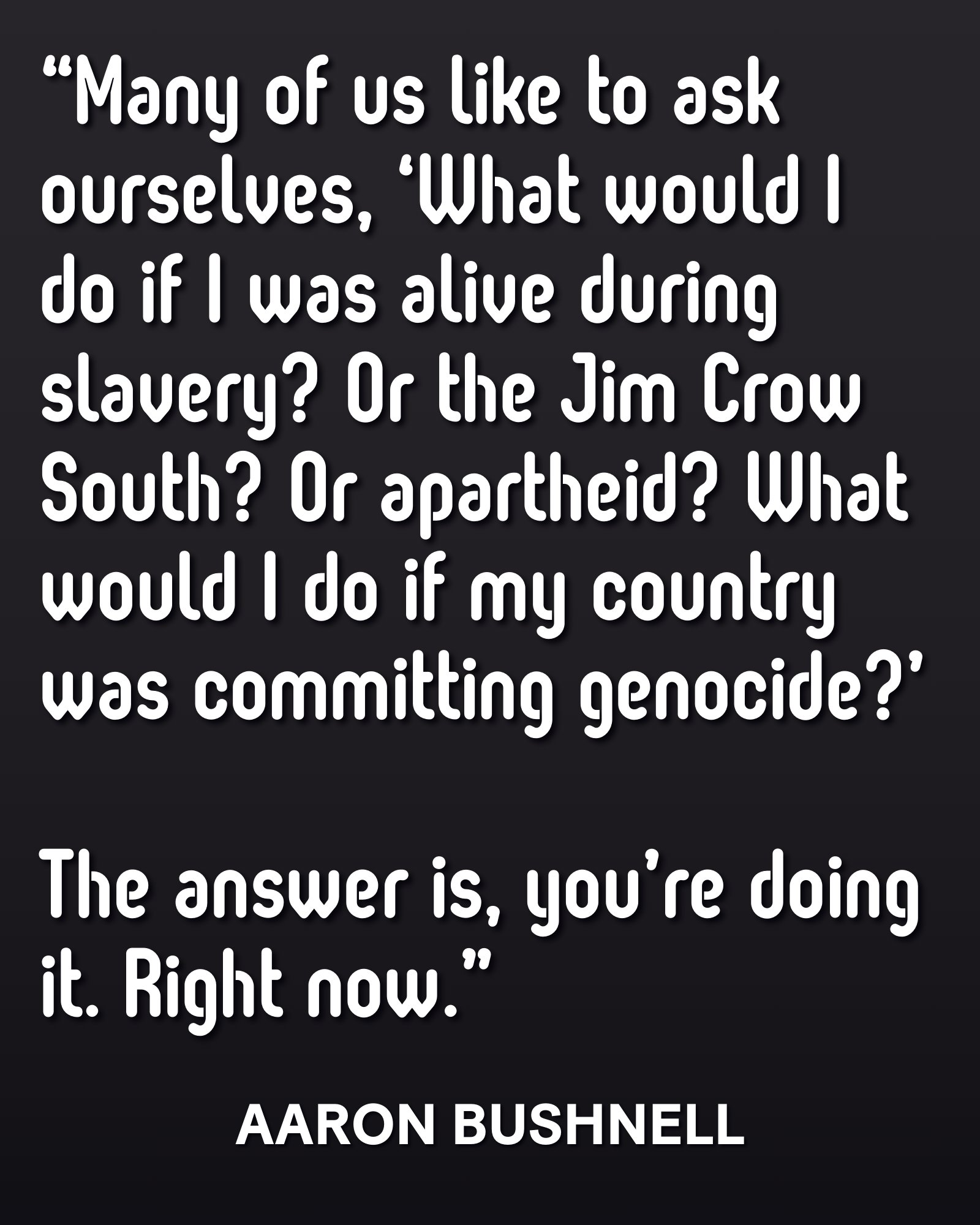 Quote from Aaron Bushnell: “Many of us like to ask ourselves, "What would I do if I was alive during slavery? Or the Jim Crow South? Or apartheid?What would I do if my country was committing genocide?" The answer is, you're doing it. Right now.”