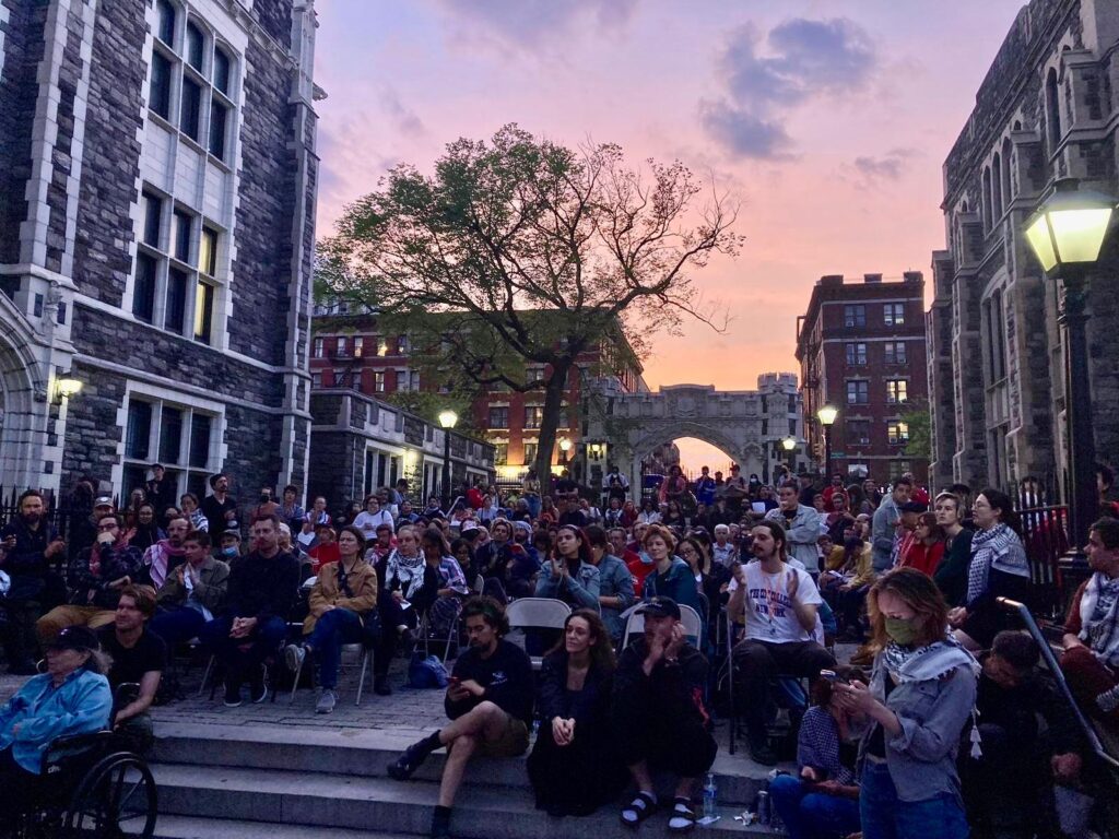 PSC-CUNY members gathering during an assembly at the City College encampment on April 30th, 2024.